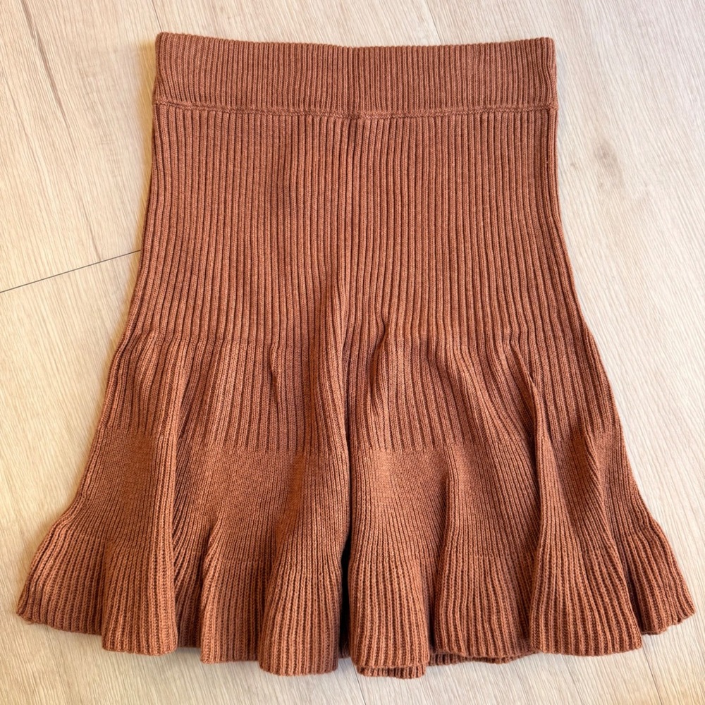 Free People Cocoa Heather Ribbed Knit Flounce Mini Skirt NWT Womens Medium